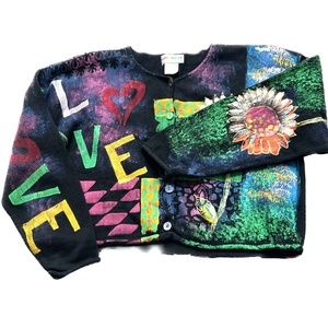 Kolorway Hand Painted Oversized Cardigan Sweater US Made  Sz 2  L-XL Floral Love